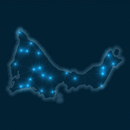 Providenciales network map. Abstract geometric map of the island. Digital connections and telecommunication design. Glowing internet network. Vibrant vector illustration.のイラスト素材