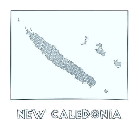 Sketch map of New Caledonia. Grayscale hand drawn map of the country. Filled regions with hachure stripes. Vector illustration.のイラスト素材