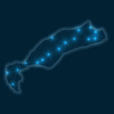 Kos network map. Abstract geometric map of the island. Digital connections and telecommunication design. Glowing internet network. Creative vector illustration.のイラスト素材