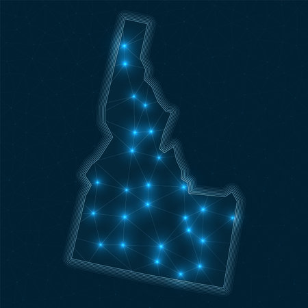 Idaho network map. Abstract geometric map of the us state. Digital connections and telecommunication design. Glowing internet network. Modern vector illustration.のイラスト素材