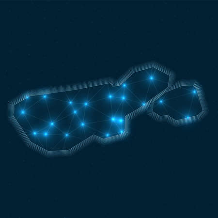 Madre de Dios Island network map. Abstract geometric map of the island. Digital connections and telecommunication design. Glowing internet network. Charming vector illustration.のイラスト素材