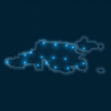 Jost Van Dyke network map. Abstract geometric map of the island. Digital connections and telecommunication design. Glowing internet network. Amazing vector illustration.のイラスト素材