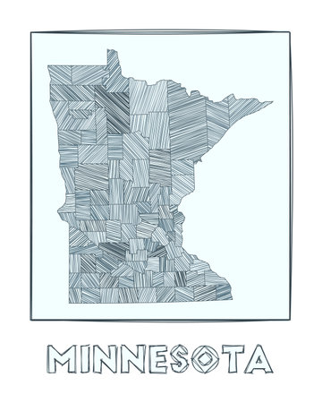 Sketch map of Minnesota. Grayscale hand drawn map of the us state. Filled regions with hachure stripes. Vector illustration.のイラスト素材