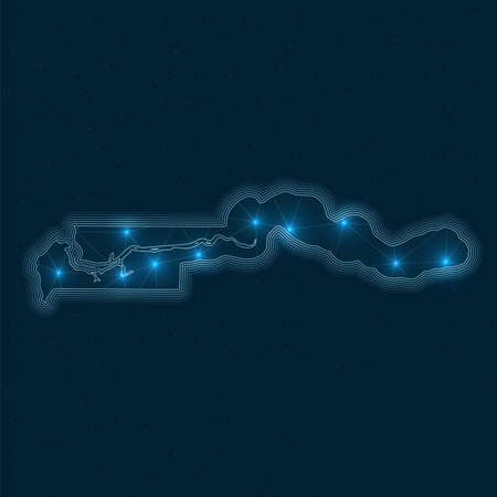 Gambia network map. Abstract geometric map of the country. Digital connections and telecommunication design. Glowing internet network. Amazing vector illustration.のイラスト素材
