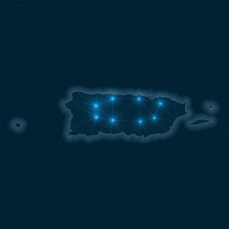 Puerto Rico network map. Abstract geometric map of the country. Digital connections and telecommunication design. Glowing internet network. Amazing vector illustration.のイラスト素材