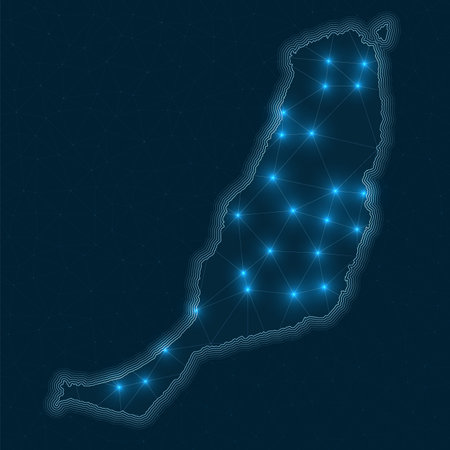 Fuerteventura network map. Abstract geometric map of the island. Digital connections and telecommunication design. Glowing internet network. Superb vector illustration.のイラスト素材