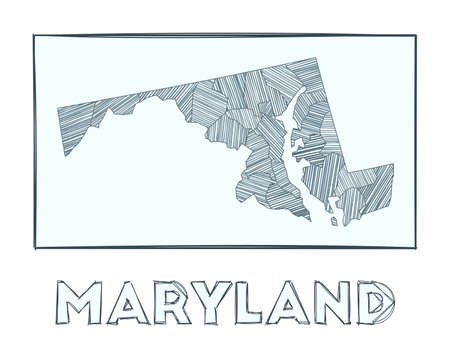 Sketch map of Maryland. Grayscale hand drawn map of the us state. Filled regions with hachure stripes. Vector illustration.のイラスト素材