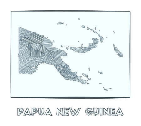Sketch map of Papua New Guinea. Grayscale hand drawn map of the country. Filled regions with hachure stripes. Vector illustration.のイラスト素材