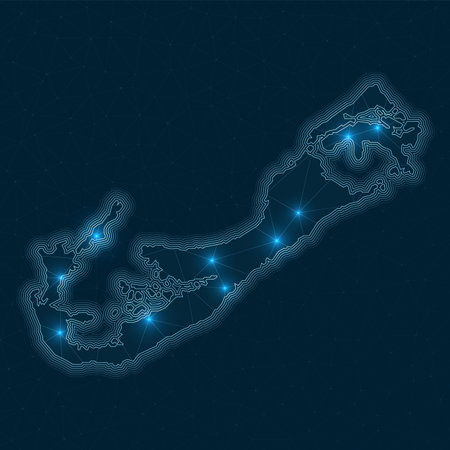 Bermuda network map. Abstract geometric map of the island. Digital connections and telecommunication design. Glowing internet network. Radiant vector illustration.のイラスト素材
