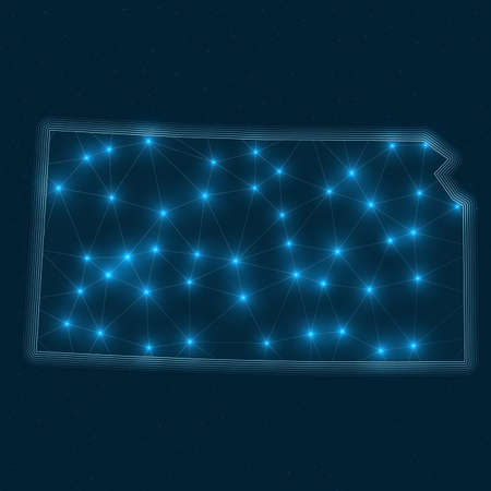Kansas network map. Abstract geometric map of the us state. Digital connections and telecommunication design. Glowing internet network. Radiant vector illustration.のイラスト素材
