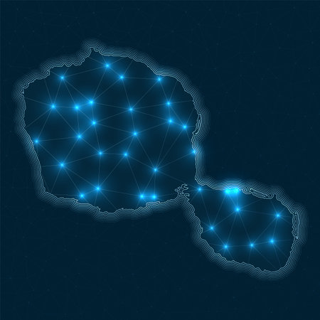 Tahiti network map. Abstract geometric map of the island. Digital connections and telecommunication design. Glowing internet network. Charming vector illustration.のイラスト素材