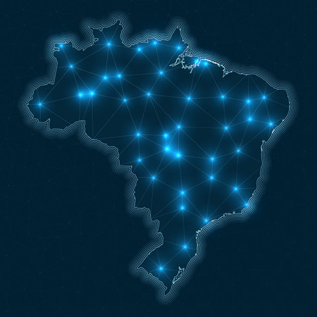 Brazil network map. Abstract geometric map of the country. Digital connections and telecommunication design. Glowing internet network. Awesome vector illustration.のイラスト素材