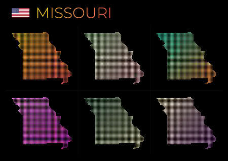 Missouri dotted map set. Map of Missouri in dotted style. Borders of the us state filled with beautiful smooth gradient circles. Vibrant vector illustration.のイラスト素材