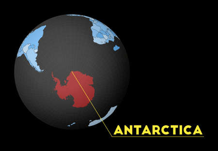 Antarctica on dark globe with blue world map. Red country highlighted. Satellite world view centered to Antarctica with country name. Vector Illustration.のイラスト素材