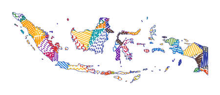 Kid style map of Indonesia. Hand drawn polygons in the shape of Indonesia. Vector illustration.のイラスト素材