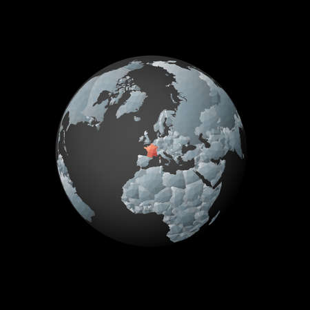 Low poly globe centered to France. Red polygonal country on the globe. Satellite view of France. Classy vector illustration.のイラスト素材