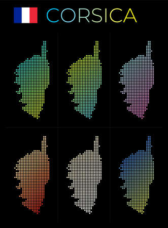 Corsica dotted map set. Map of Corsica in dotted style. Borders of the island filled with beautiful smooth gradient circles. Vibrant vector illustration.のイラスト素材