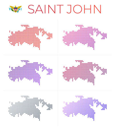 Saint John dotted map set. Map of Saint John in dotted style. Borders of the island filled with beautiful smooth gradient circles. Captivating vector illustration.のイラスト素材