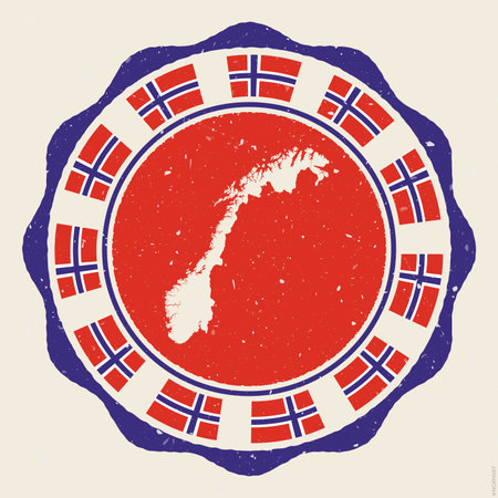Norway vintage sign. Grunge round logo with map and flags of Norway. Amazing vector illustration.のイラスト素材