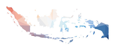 Map of Indonesia. Low poly illustration of the country. Geometric design with stripes. Technology, internet, network concept. Vector illustration.のイラスト素材
