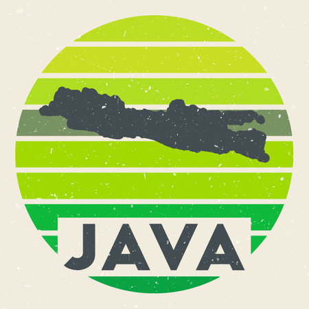 Java logo. Sign with the map of island and colored stripes, vector illustration. Can be used as insignia, logotype, label, sticker or badge of the Java.のイラスト素材
