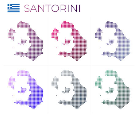 Santorini dotted map set. Map of Santorini in dotted style. Borders of the island filled with beautiful smooth gradient circles. Captivating vector illustration.のイラスト素材