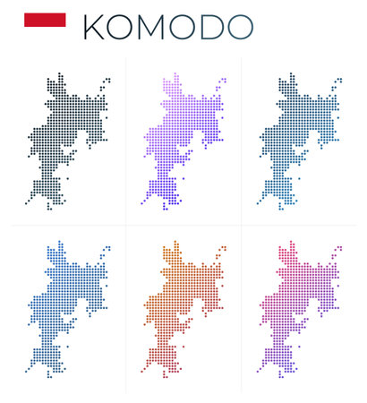 Komodo dotted map set. Map of Komodo in dotted style. Borders of the island filled with beautiful smooth gradient circles. Powerful vector illustration.のイラスト素材