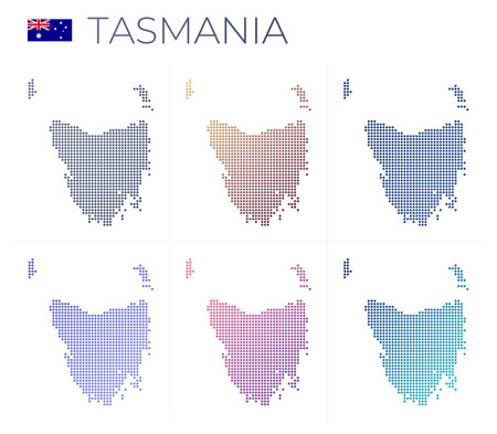 Tasmania dotted map set. Map of Tasmania in dotted style. Borders of the island filled with beautiful smooth gradient circles. Modern vector illustration.のイラスト素材