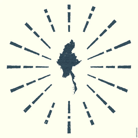 Myanmar Logo. Grunge sunburst poster with map of the country. Shape of Myanmar filled with hex digits with sunburst rays around. Vibrant vector illustration.のイラスト素材