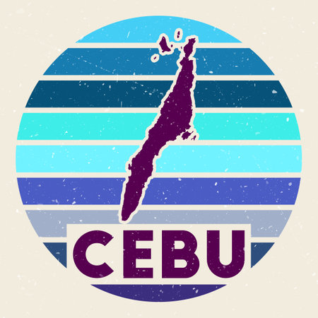 Cebu logo. Sign with the map of island and colored stripes, vector illustration. Can be used as insignia, logotype, label, sticker or badge of the Cebu.のイラスト素材