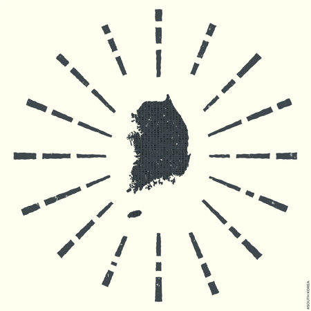 South Korea Logo. Grunge sunburst poster with map of the country. Shape of South Korea filled with hex digits with sunburst rays around. Attractive vector illustration.のイラスト素材
