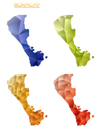 Set of vector polygonal maps of Boracay. Bright gradient map of island in low poly style. Multicolored Boracay map in geometric style for your infographics. Trendy vector illustration.のイラスト素材