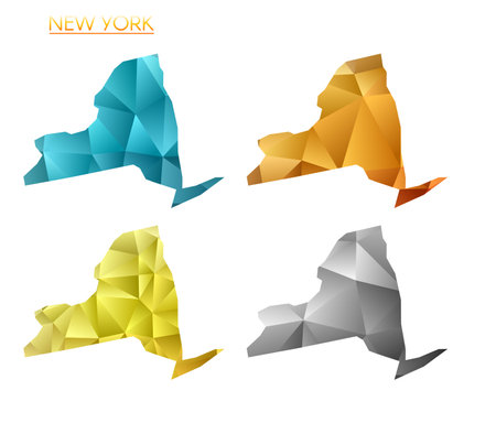 Set of vector polygonal maps of New York. Bright gradient map of us state in low poly style. Multicolored New York map in geometric style for your infographics. Elegant vector illustration.のイラスト素材