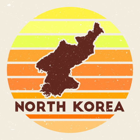 North Korea logo. Sign with the map of country and colored stripes, vector illustration. Can be used as insignia, logotype, label, sticker or badge of the North Korea.のイラスト素材