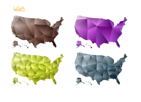 Set of vector polygonal maps of USA. Bright gradient map of country in low poly style. Multicolored USA map in geometric style for your infographics. Stylish vector illustration.のイラスト素材