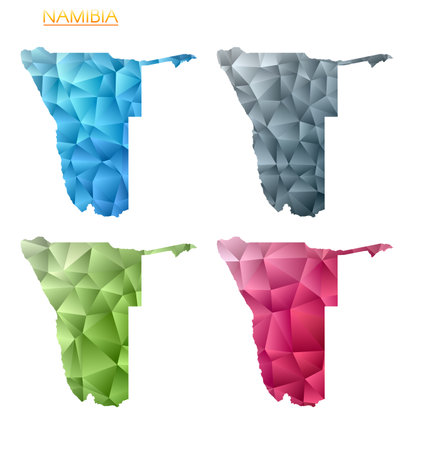 Set of vector polygonal maps of Namibia. Bright gradient map of country in low poly style. Multicolored Namibia map in geometric style for your infographics. Awesome vector illustration.のイラスト素材
