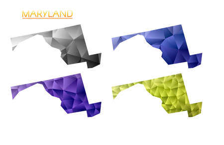 Set of vector polygonal maps of Maryland. Bright gradient map of us state in low poly style. Multicolored Maryland map in geometric style for your infographics. Vibrant vector illustration.のイラスト素材