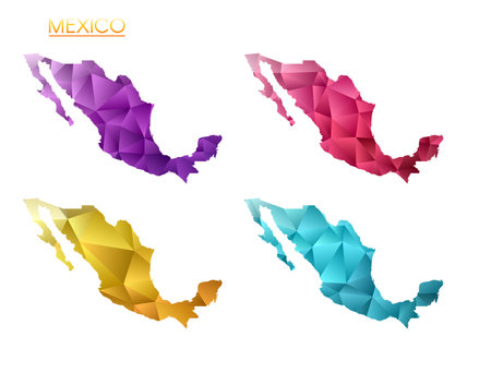 Set of vector polygonal maps of Mexico. Bright gradient map of country in low poly style. Multicolored Mexico map in geometric style for your infographics. Stylish vector illustration.のイラスト素材