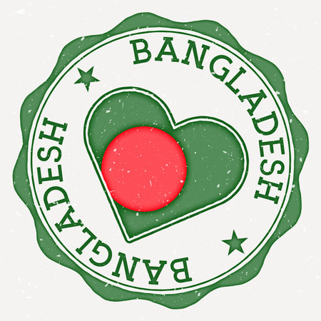 Bangladesh heart flag icon. Country name text around Bangladesh flag in a shape of heart. Creative vector illustration.のイラスト素材