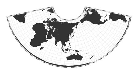 Vector world map. Albers conic equal-area projection. Plain world geographical map with latitude and longitude lines. Centered to 120deg W longitude. Vector illustration.のイラスト素材