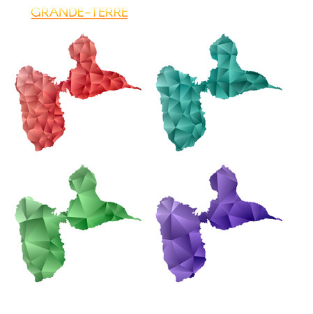 Set of vector polygonal maps of Grande-Terre. Bright gradient map of island in low poly style. Multicolored Grande-Terre map in geometric style for your infographics. Attractive vector illustration.のイラスト素材