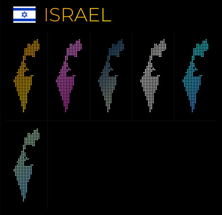 Israel dotted map set. Map of Israel in dotted style. Borders of the country filled with beautiful smooth gradient circles. Appealing vector illustration.のイラスト素材