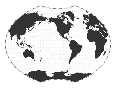 Vector world map. Ginzburg VI projection. Plain world geographical map with latitude and longitude lines. Centered to 120deg E longitude. Vector illustration.のイラスト素材