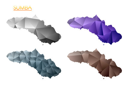 Set of vector polygonal maps of Sumba. Bright gradient map of island in low poly style. Multicolored Sumba map in geometric style for your infographics. Captivating vector illustration.のイラスト素材