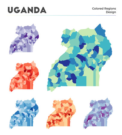 Uganda map collection. Borders of Uganda for your infographic. Colored country regions. Vector illustration.のイラスト素材