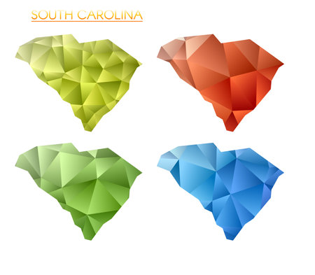 Set of vector polygonal maps of South Carolina. Bright gradient map of us state in low poly style. Multicolored South Carolina map in geometric style for your infographics. Superb vector illustration.のイラスト素材