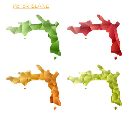 Set of vector polygonal maps of Peter Island. Bright gradient map of island in low poly style. Multicolored Peter Island map in geometric style for your infographics. Radiant vector illustration.のイラスト素材