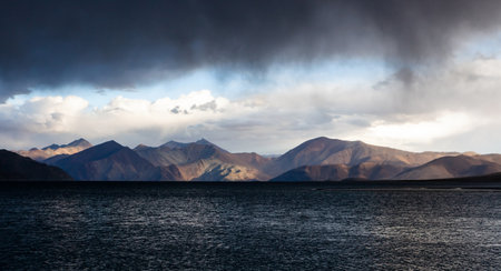 Beautiful mountain landscape in Ladakh. High altitude Pangong lake in India. Tibetan mountains in dramatic light.の写真素材
