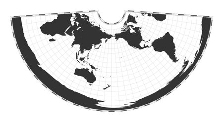 Vector world map. Conic equidistant projection. Plain world geographical map with latitude and longitude lines. Centered to 180deg longitude. Vector illustration.のイラスト素材