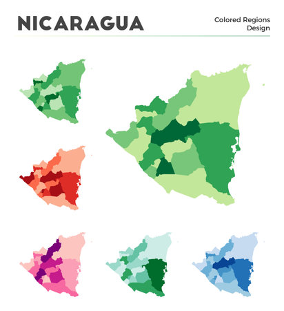 Nicaragua map collection. Borders of Nicaragua for your infographic. Colored country regions. Vector illustration.のイラスト素材